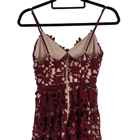 Aqua Red Maroon Lace Dress XS Midi Length Spaghetti Strap V Neck Cocktail Formal - Picture 10 of 12